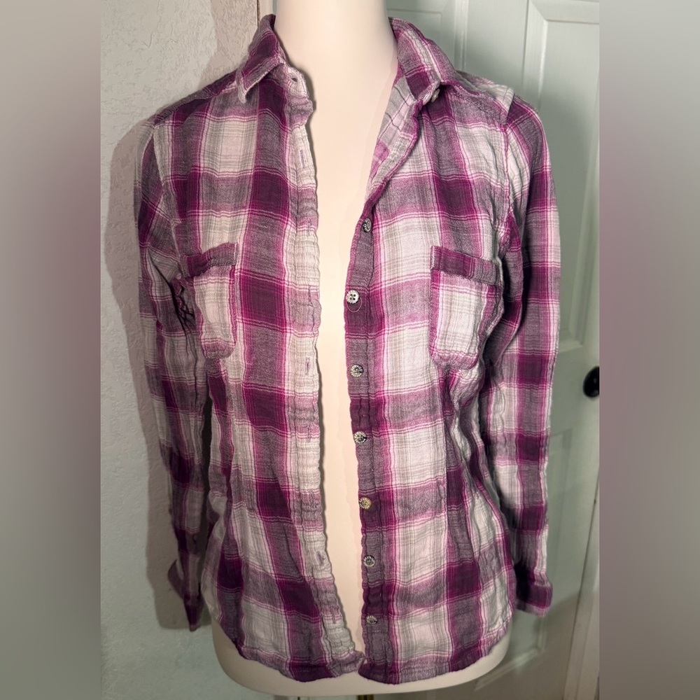 Gramicci Purple White Gray Plaid Cotton Long Sleeve Button-Up Shirt